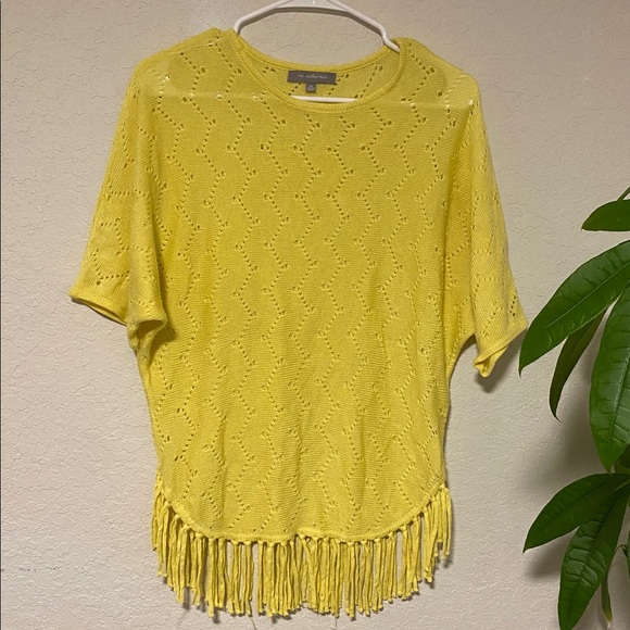 Stylish NY Collection Yellow Fringe Knit Top, boho top, festival top, retro - Picture 2 of 5